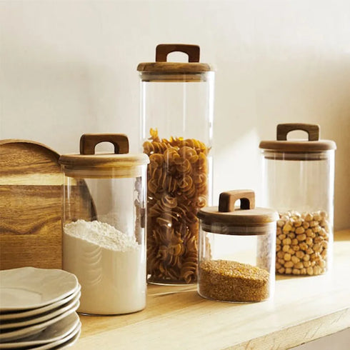 650/1100/1800ml Glass Food Storage Jar with Wooden Lid – Canister for Coffee, Tea, Grains & Snacks