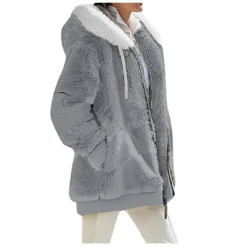 Women's Thick Cashmere & Polyester Hooded Jacket – Streetwear Style for Winter