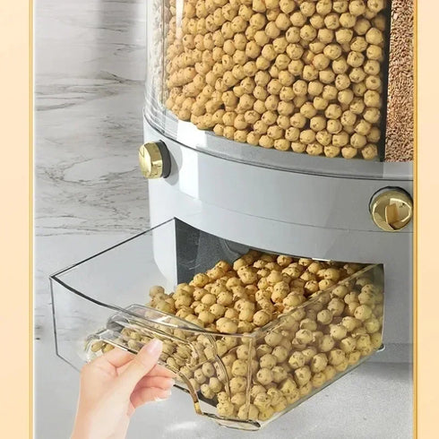 360° Rotating Rice Dispenser – Sealed Moisture-Proof Cereal & Grain Storage Container, 6-Compartment Kitchen Organizer for Dry Foods