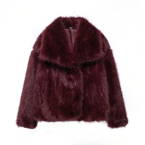 Women’s Cropped Faux Fur Jacket – Chic Lapel Collar Snap-Button Winter Coat