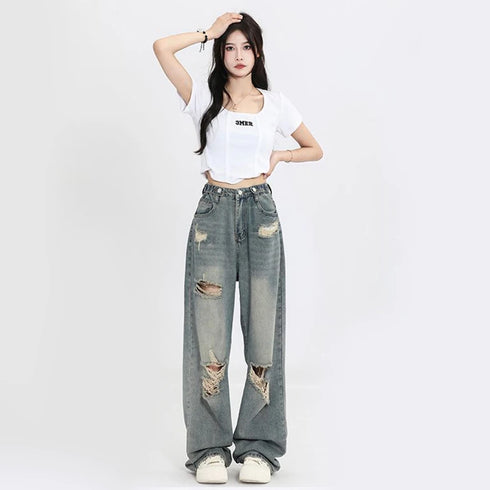 Women's High-Waisted Ripped Wide-Leg Jeans – Vintage American Retro Distressed Denim