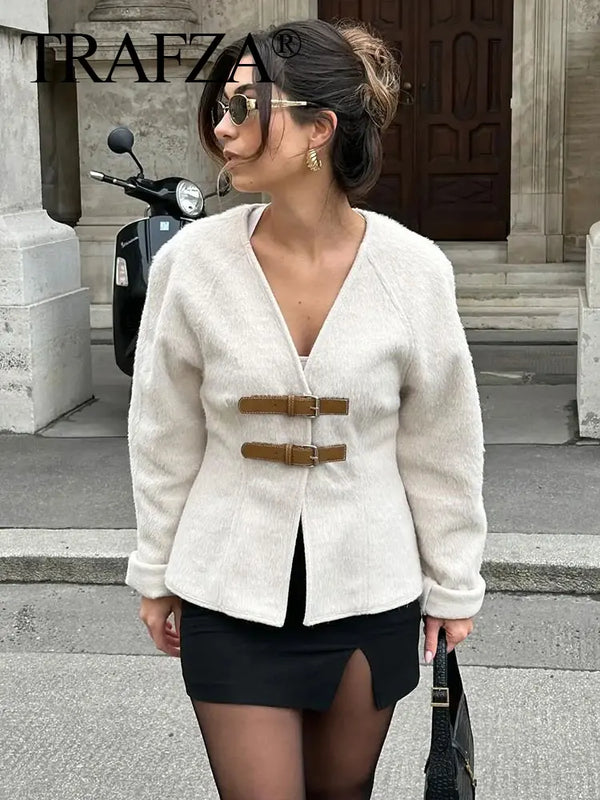 Women’s Retro Woolen Coat - Solid Beige V-Neck Long Sleeve Jacket with Belt Closure - Chic Streetwear for Winters