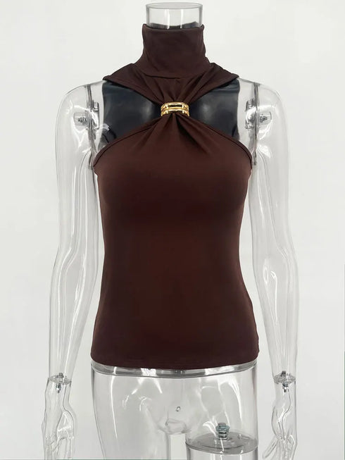 Women's High-Stretch Polyester Blended Tank Top for Middle-Aged Women – Solid Pattern, Non-Woven Fabric, Regular Length, Sexy Club Style for Spring and Summer 2024