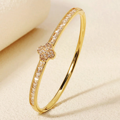 Trendy Copper with Zirconium Plant Design Bangle Bracelet for Women – Gold Plated, Simple & Elegant Jewelry