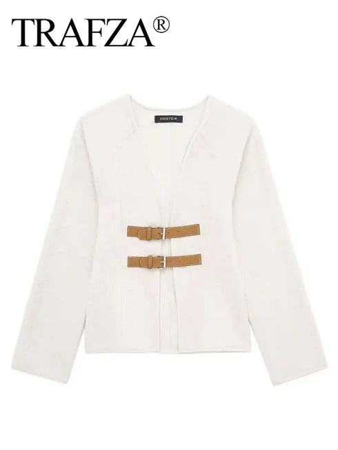 Women’s Retro Woolen Coat - Solid Beige V-Neck Long Sleeve Jacket with Belt Closure - Chic Streetwear for Winters