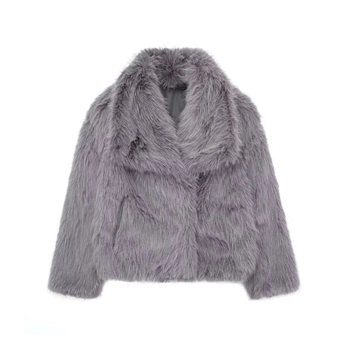 Women’s Cropped Faux Fur Jacket – Chic Lapel Collar Snap-Button Winter Coat