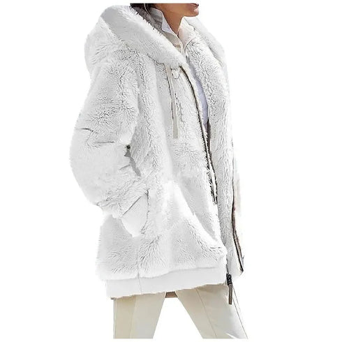 Women's Thick Cashmere & Polyester Hooded Jacket – Streetwear Style for Winter