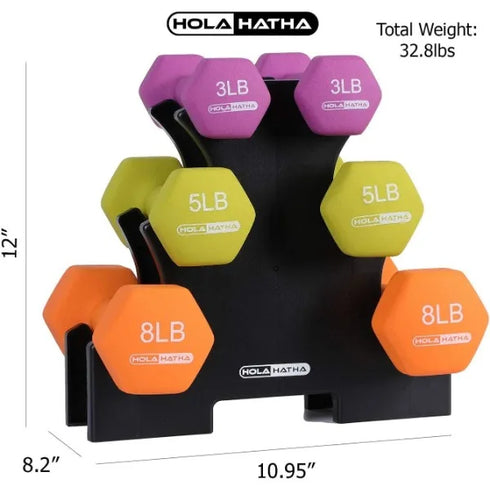 Neoprene Dumbbell Set with Rack - 2, 3, 5, 8, 10 lbs for Home Exercises