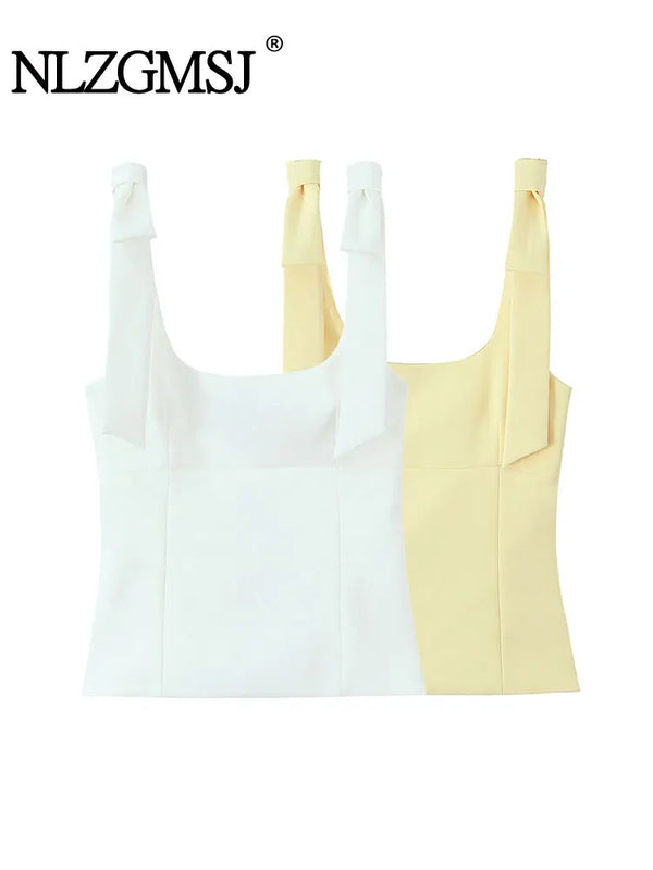 TRAF Elegant Casual Sleeveless Bow-Tie Women’s Vest Top – Solid Color Slim Fit Blended Fabric Design for Spring and Summer Fashion 2025