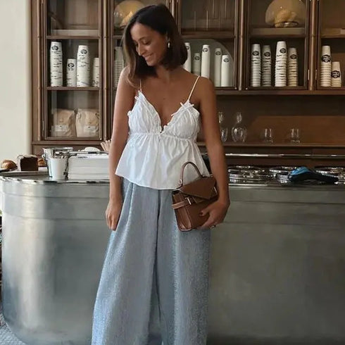 TRAF Women’s Backless Sleeveless Crop Top – Ruffled Bow-Tied Corset Camisole with Thin Straps and Solid Color Design in White or Black for Summer High Street Fashion