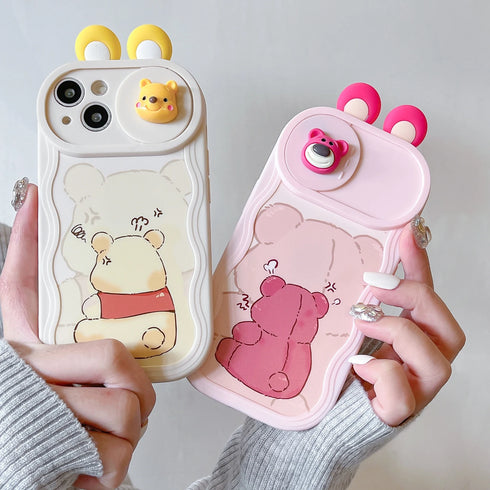 3D Ears Cartoon Sliding Camera Case | Stitch, Mickey, Minnie, Winnie Bear Design for iPhone 11-16 Pro Max, XR, XS, and More