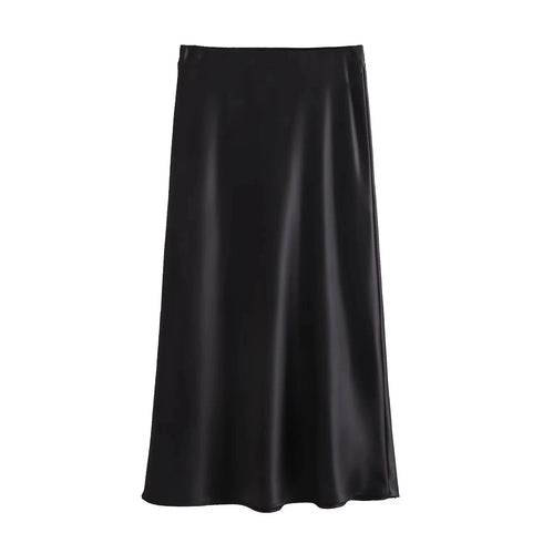 Women’s Solid Satin Midi Skirt with Silk Texture – Slim Fit Empire Waist Mermaid Skirt for Elegant Party and Vintage Fashion