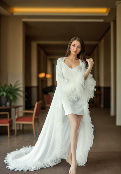 Bride Ostrich Feather Silky Satin Long Robe Dress