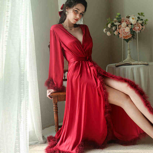 Elegant Satin Feather-Trimmed Robe & Nightdress Set - Luxury Bridal & Lounge Wear