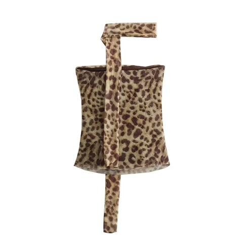 TRAF Summer Leopard Print Ruched Tulle Corset Crop Top for Women – Sexy Off-Shoulder Halter Backless Tube Camis Designed for Middle-Aged Women in Stretch Blended Polyester Fabric