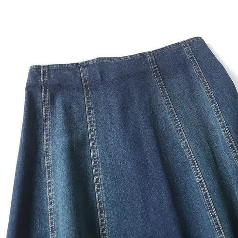 Women's Vintage Denim A-Line Skirt Dress - Mid-Calf Length Zippered Casual Spring Summer for Modern Elegance (2024 Edition)