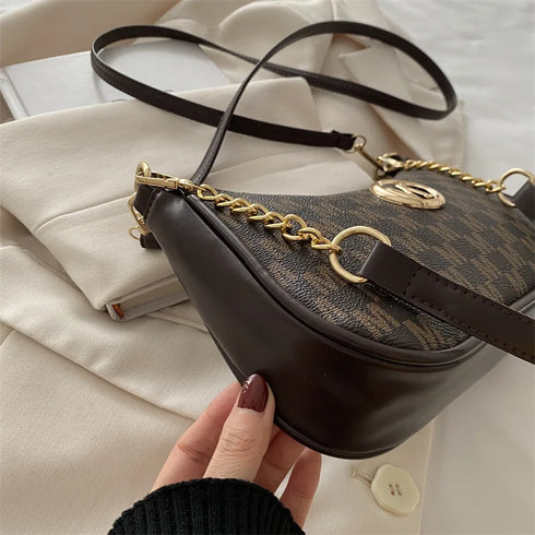 Vintage PU Leather Crossbody Handbag with Gold “M” Letter – Women’s Shoulder & Messenger Bag