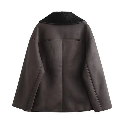Women’s Faux Leather Jacket – Winter Warm Plush Coat with Wool Blends & Turn-Down Collar