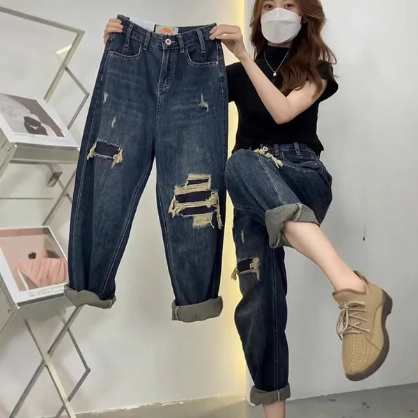 Women's High-Waist Loose-Fit Ripped Denim Jeans – Retro-Inspired Stylish & Comfortable Casual Wear