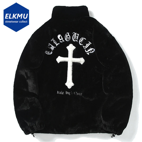 Cross Embroidery Oversized Fleece Jacket – Harajuku Streetwear Hip Hop Fluffy Zipper Coat for Men
