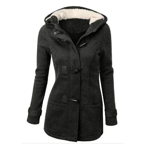 Women’s Hooded Cotton Winter Coat - Classic Cow Horn Button Jacket with Leather Buckle for Timeless Style