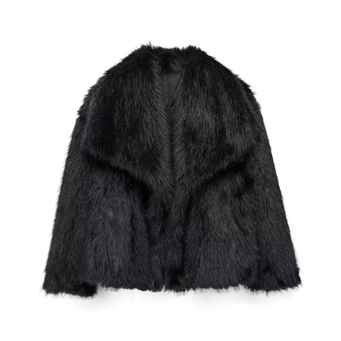 Women’s Cropped Faux Fur Jacket – Chic Lapel Collar Snap-Button Winter Coat