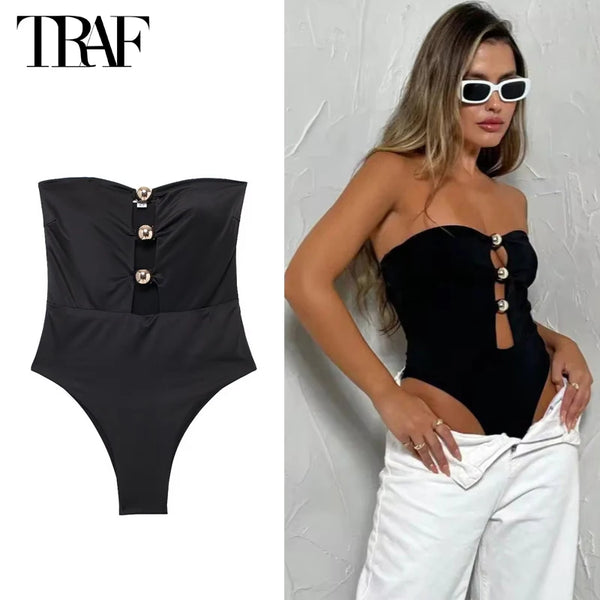 TRAF Women's Off-Shoulder Sleeveless Sexy Bodysuit – Slim Fit Medium Stretch Polyester Blend, Hollow-Out Design – Summer 2024 Collection – Available in Black and White, Sizes XS to L