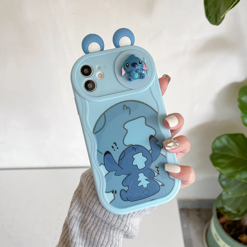 3D Ears Cartoon Sliding Camera Case | Stitch, Mickey, Minnie, Winnie Bear Design for iPhone 11-16 Pro Max, XR, XS, and More