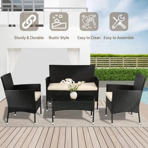FDW 4 Piece Outdoor Patio Furniture Set - Rattan Wicker Sofa & Chairs for Garden