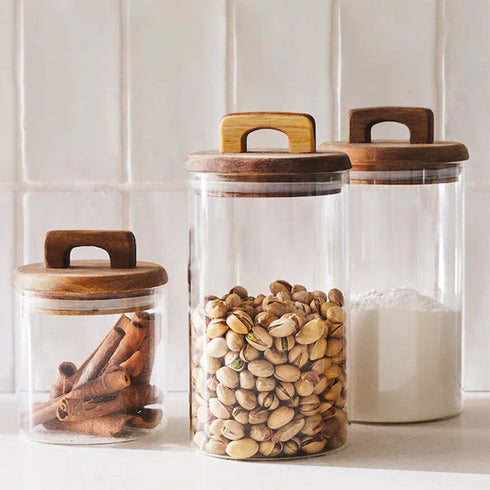 650/1100/1800ml Glass Food Storage Jar with Wooden Lid – Canister for Coffee, Tea, Grains & Snacks