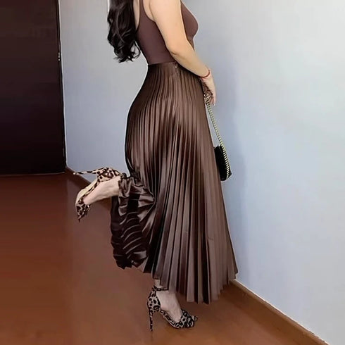 Women's Ruffle Pleated Midi Skirt - Elegant Brown Cylinder Pleat Mid-Waist High Street Fashion for All Seasons (2025 Edition)