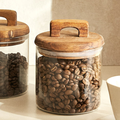 650/1100/1800ml Glass Food Storage Jar with Wooden Lid – Canister for Coffee, Tea, Grains & Snacks