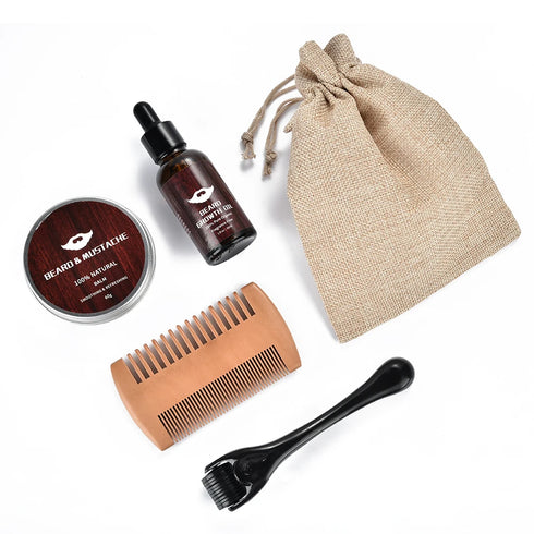 5pcs/set Men Beard Kit Styling Tool Beard Bib Aprons Balm Beard Oil Comb Moisturizing Wax Styling Scissors Beard Care Set
