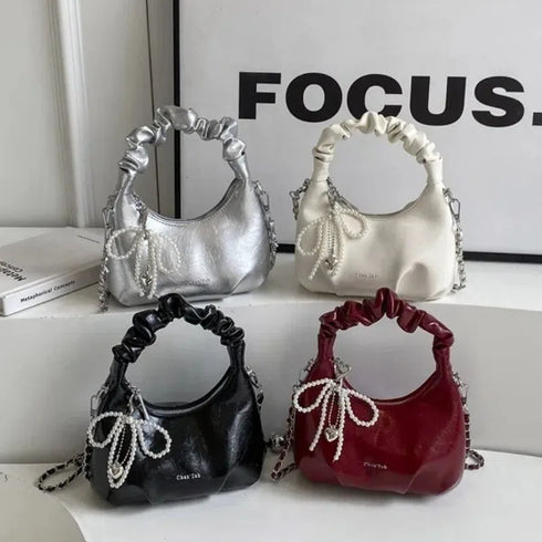 Pleated PU Leather Pearl Bow Crossbody Shoulder Bag