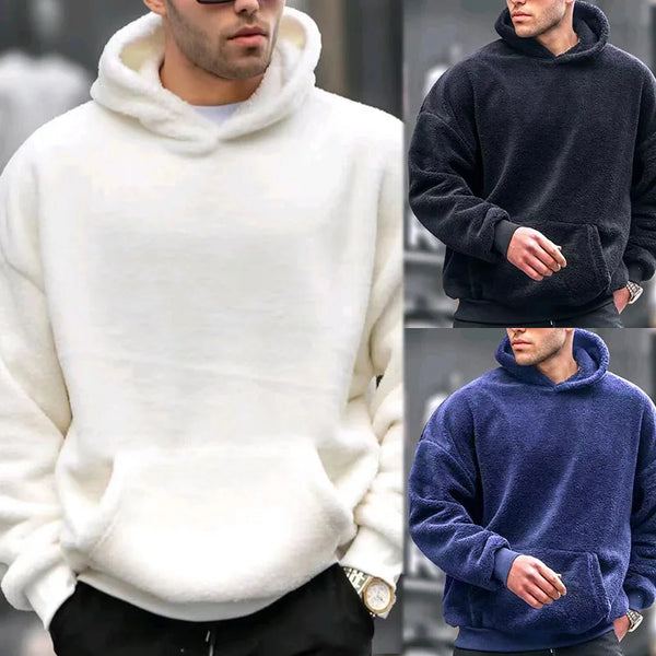 Men's Casual Loose Fit Hooded Hoodie - Solid Knit Polyester for Winter
