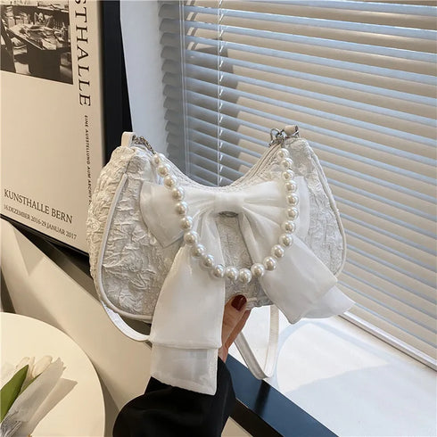 Pearl Female Bag Retro Luxury Designer Handbag Bow Crossbody Bags Fashion Canvas Women's 2023 Trend Shoulder bag Purses