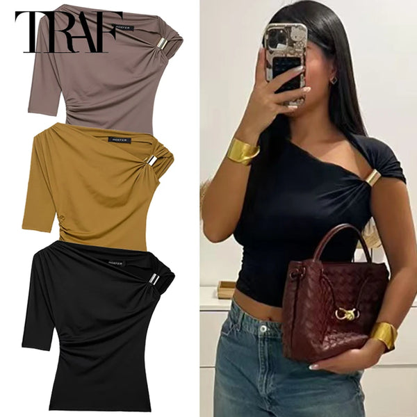 TRAF Spring/Summer Women’s Asymmetrical Tank Top – Sexy Tight-Fit Y2K-Inspired Camis in Yellow, Black, and Khaki, Medium Stretch Blended Polyester Fabric for Middle-Aged Women’s High Street Fashion