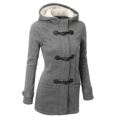 Women’s Hooded Cotton Winter Coat - Classic Cow Horn Button Jacket with Leather Buckle for Timeless Style