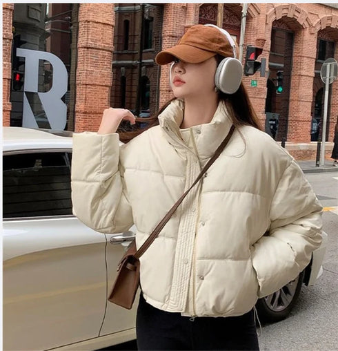 Women's Short Down Cotton Jacket – Lightweight Winter Coat with Zipper – Thick Padded Casual Outerwear