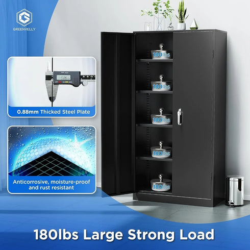 72" Black Metal Storage Cabinet with Locking Doors and 4 Shelves - Steel Lockable File Cabinet
