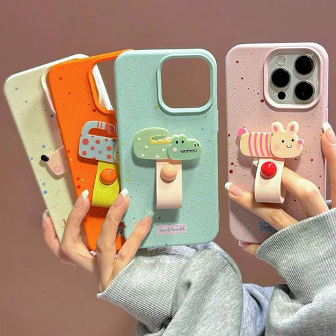Korean Cute 3D Dog, Cat, and Rabbit Finger Ring Support Phone Case for iPhone - Full Coverage with Anti-Fingerprint & Non-Slip Features