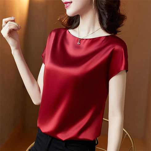 Solid Color Midweight TAT-Woven Polyester Top with Regular Length and No Closure, Designed for Middle-Aged Women Seeking a Sophisticated Office Lady Style