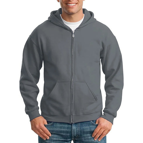 Solid Men’s Long Sleeve Zip-Up Hoodie – Lightweight Polyester Hooded Pullover Sweatshirt with Pocket for Daily Wear