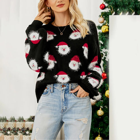 Women’s Christmas Santa Knit Sweater – Festive Long Sleeve Pullover with Furry Details