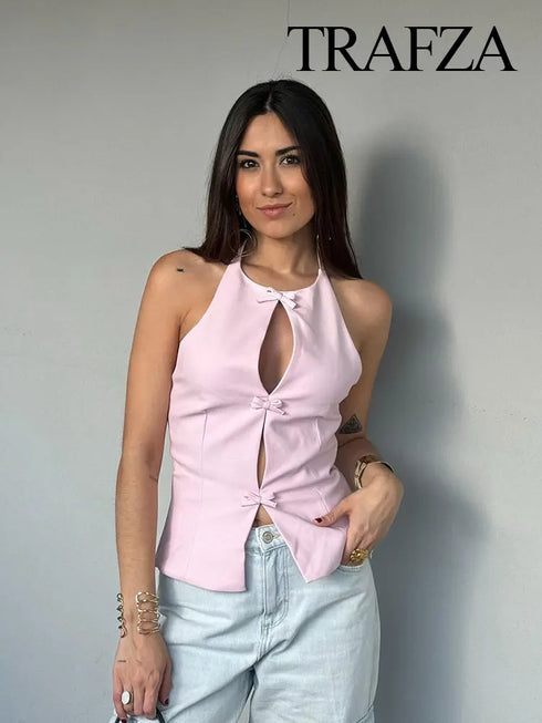 TRAF Women’s Vintage-Inspired Sleeveless Bow-Trimmed Tank Top – Elegant Solid O-Neck Off-Shoulder Casual Vest for Spring and Summer