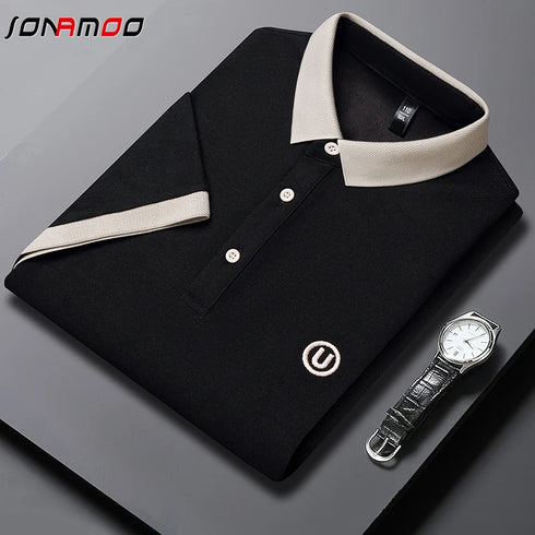 Men’s Casual Knit Polo Shirt – Anti-Wrinkle Polyester, Short Sleeve, Embroidered Detail
