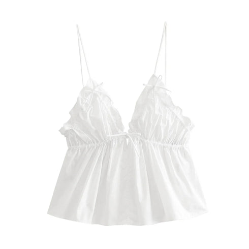 TRAF Women’s Backless Sleeveless Crop Top – Ruffled Bow-Tied Corset Camisole with Thin Straps and Solid Color Design in White or Black for Summer High Street Fashion