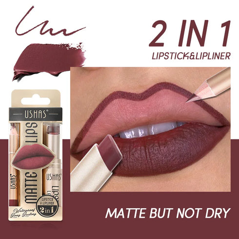 USHAS 2-in-1 Long-Lasting Lipstick & Lip Liner Set – Matte, High-Pigment, Smudge-Proof Nude & Red Shades for Bold, Defined Lips