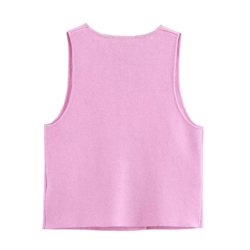 TRAF Women’s Sleeveless Pink Knit Vest – Cropped High Street Style Double-Breasted Summer Outerwear with Button Detailing