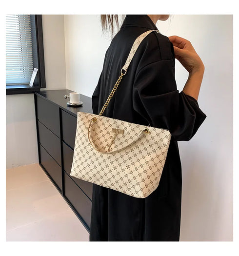 Large Capacity Soft PU Leather Tote Bag for Women – Geometric Texture Casual Shoulder Handbag